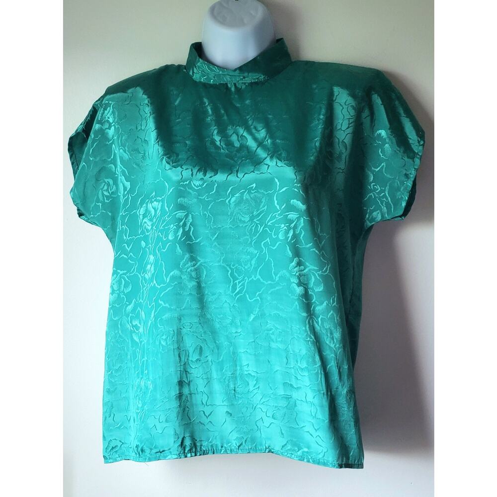 Vintage Just Maggie Green Textured Short Sleeve Blouse Size Medium Retro 80s
